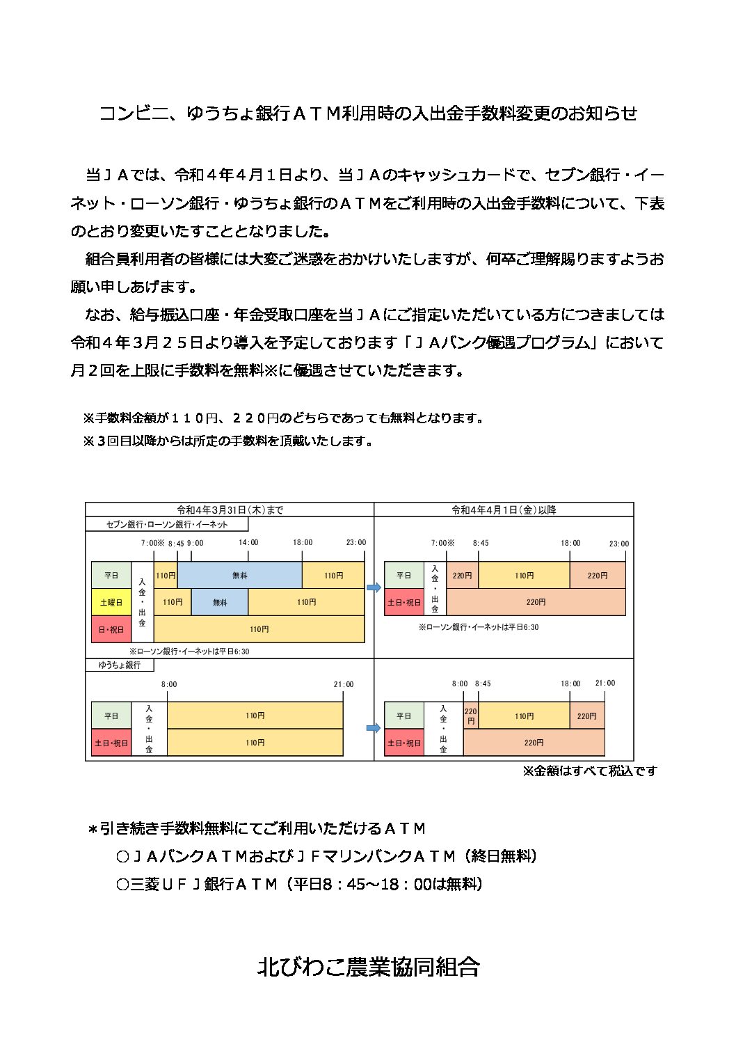 コンビニ、ゆうちょ銀行ＡＴＭ利用時の入出金手数料変更のお知らせ