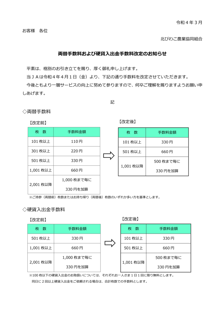 両替手数料および硬貨入出金手数料改定のお知らせ