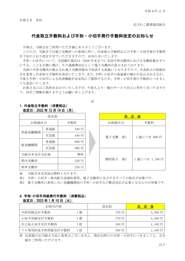 代金取立手数料および手形・小切手発行手数料改定のお知らせ